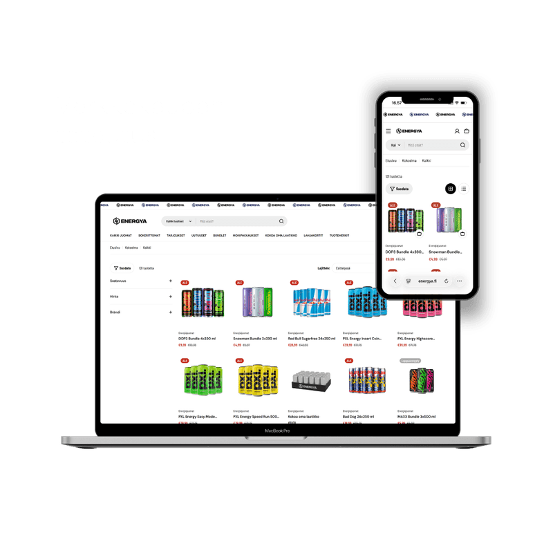 Verkkokaupan tuotelistaus, haku ja suodattimet tietokoneella ja puhelimella.